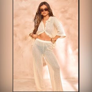 PrettyLittleThing Beige Textured Wide Leg Pants & Button Front Shirt Set Size 12